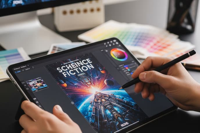 Professional book cover design process for a self-published science fiction book