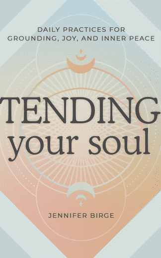 Book cover design with pastel gradient background, geometric mandala pattern, and crescent moons. Title text reads ‘Tending Your Soul’ with subtitle ‘Daily Practices for Grounding, Joy, and Inner Peace’ by Coral Antler