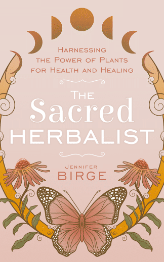 Book cover titled ‘The Sacred Herbalist’ with soft pink background, golden crescent moons, echinacea flowers, and a butterfly. Subtitle: ‘Harnessing the Power of Plants for Health and Healing