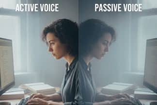 A split-image concept illustrating active voice contrasted with passive voice misuse