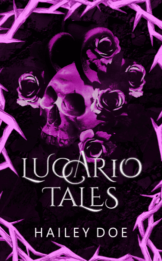Hand-illustrated skull surrounded by watercolor roses in deep magenta and purple Intricate thorny frame creating a cage-like border Rich black background with subtle texture Elegant serif typography with custom decorative details High-contrast color palette (magenta, purple, black, white) Professional gothic illustration style