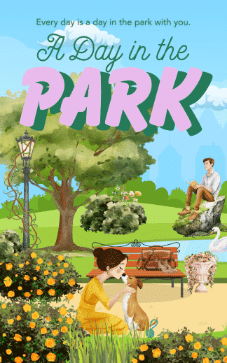 a young woman in the foreground is kissing a dog on the nose in a park in front of a lake; in the background, a young man reads on a large rock.
