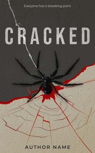 A dark psychological thriller book cover titled CRACKED, showing a large black spider resting on a cracked wall with striking red details.
