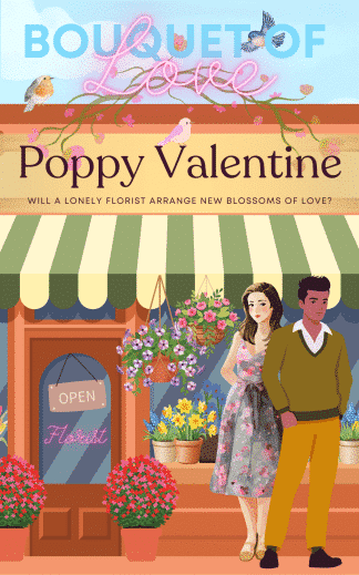 A man and woman stand close together in front of a florist's shop.