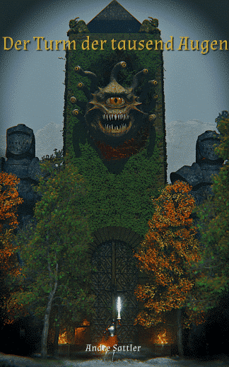 „Fantasy-Buchcover mit dem Titel ‚Der Turm der tausend Augen‘. In einer riesigen, düsteren Bibliothek mit endlosen Regalen steht ein Ritter in Plattenrüstung. Er hält einen grün leuchtenden Kristall empor, der die Szene in ein giftiges, smaragdgrünes Licht taucht. Die Architektur wirkt bedrohlich und monumental. Ein cineastischer 3D-Look mit Fokus auf Licht und Schatten, erstellt in Blender.“