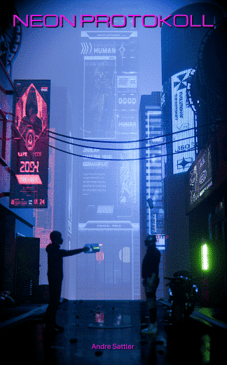 „Cyberpunk-Buchcover mit dem Titel ‚Neon Protokoll‘. In einer regennassen, nächtlichen Straßenschlucht steht eine Person in dunkler Kleidung. Die Szene ist von leuchtenden Neonreklamen in Blau- und Pinktönen sowie von den Lichtern eines futuristischen Fahrzeugs im Hintergrund beleuchtet. Der Boden reflektiert die Lichter detailreich. Ein cineastischer 3D-Look mit Fokus auf Atmosphäre und Urban Dystopia, erstellt in Blender.“